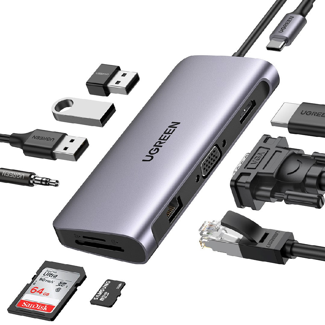 10-in-1 USB-C Adapter – HDMI VGA Ethernet USB 3.0 SD/TF & PD Charging Hub