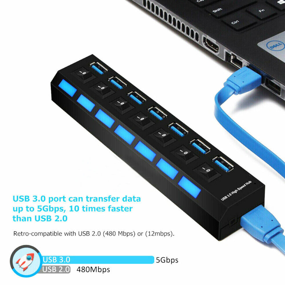 7 Port USB 3.0 HUB Powered +High Speed Splitter Extender PC AC Adapter Cable