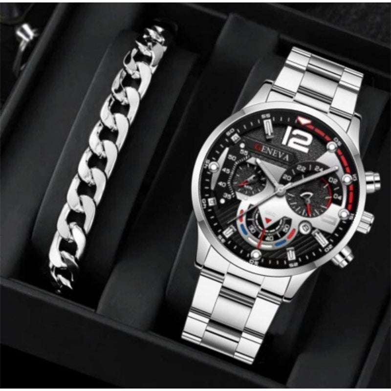 Men's Business Fashion Watch Stainless Steel Strap with FREE Gift Bracelet