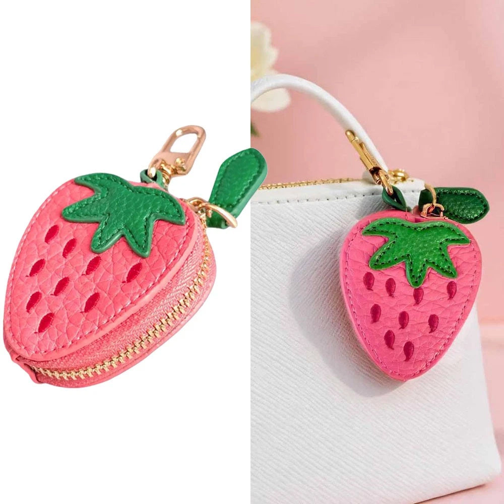 Strawberry Leather Coin Purse Keychain - Mini Zipper Pouch & Bag Charm