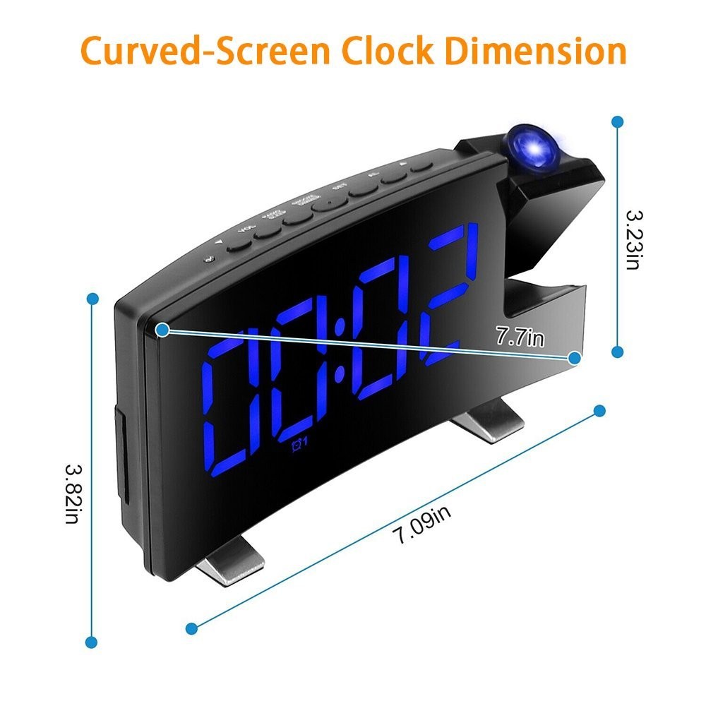 LED Digital Alarm Clock – Radio Projection Clock with Curved Screen & Dual Alarms