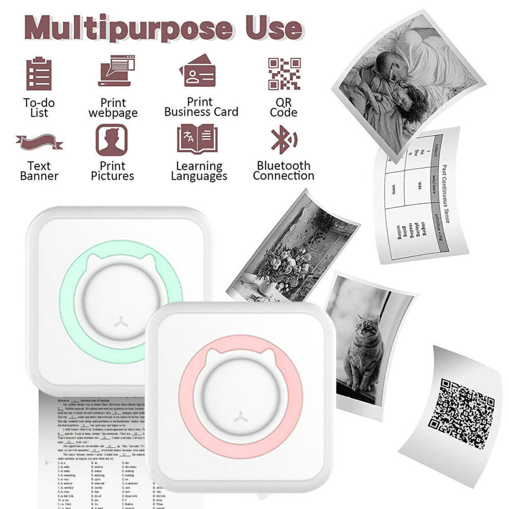 Mini Thermal Printer Sticker Bluetooth Photo Label Paper Inkless+ Rolls Paper