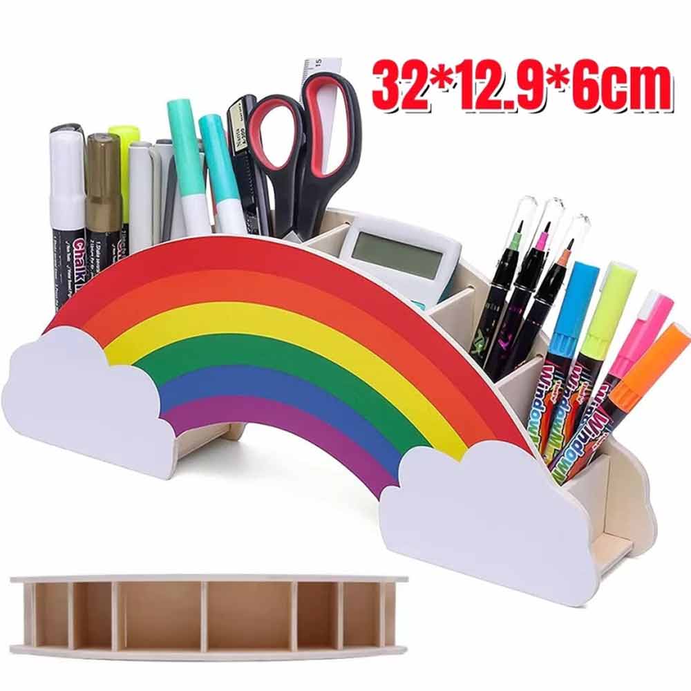 Rainbow Wooden Pen Holder DIY Pencil Container Storage Box Phone Desk Organizer