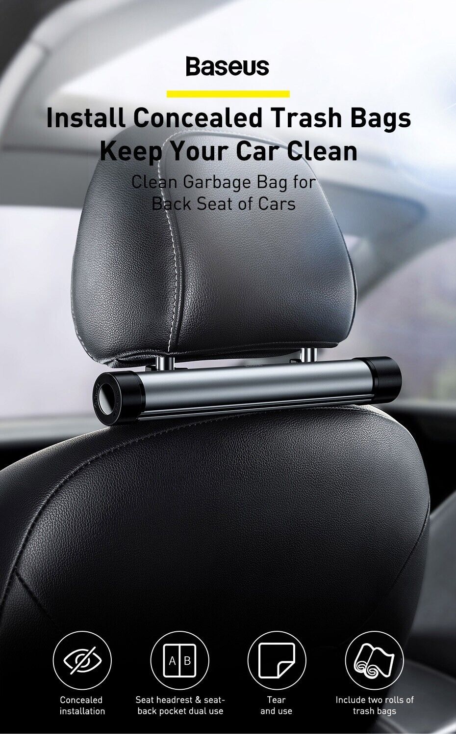 Baseus Car Trash Can Litter Bag Garbage Seat Waste Lid Bin Organizer Accessories