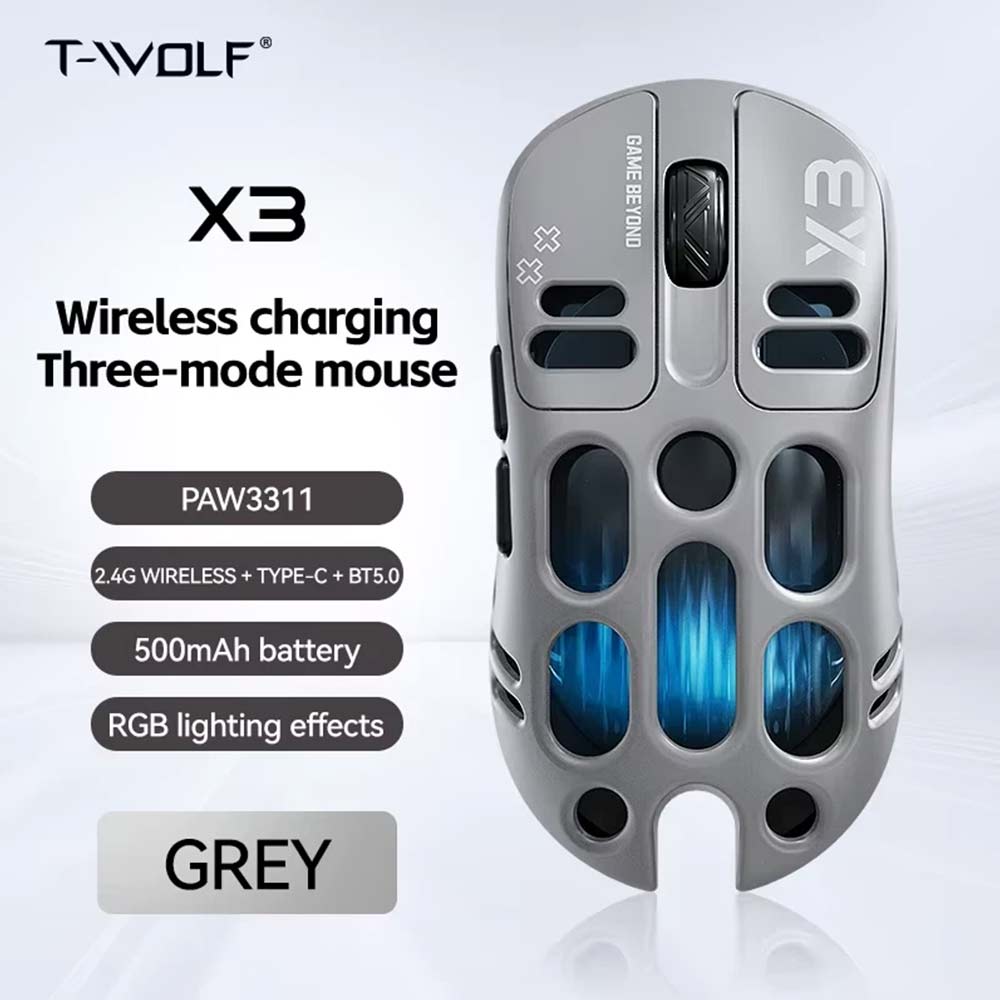 RGB Gaming Mouse TWOLF X3 - PAW3311 12000 DPI, Tri-Mode Wireless/Wired, 500mAh