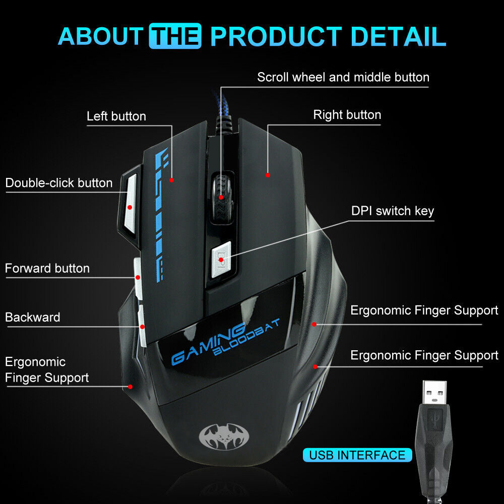 7 Button 7200 DPI LED Wired USB Ergonomic Optical Gaming Mouse For PC Laptop Mac
