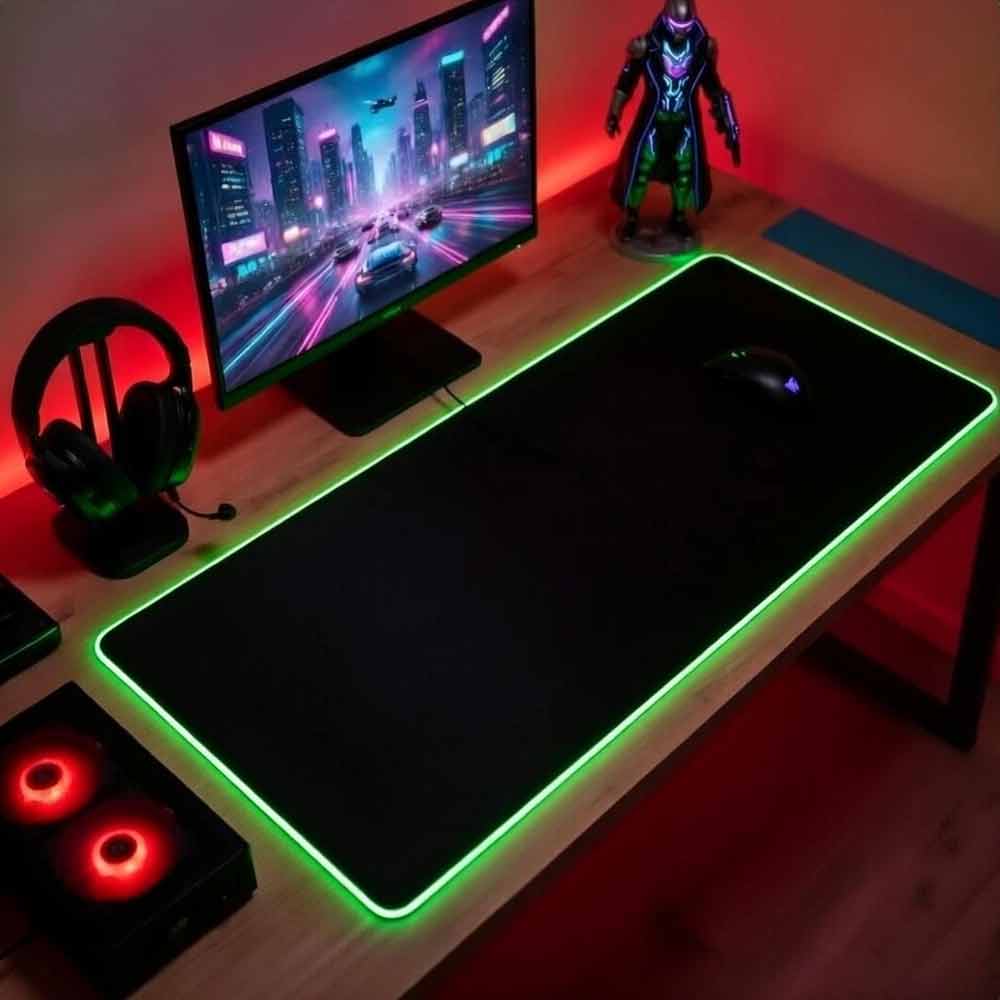 RGB Edge Gaming Desk Mat – 90x40cm XXL Mouse Pad, 3mm Thick, Non-Slip, Black