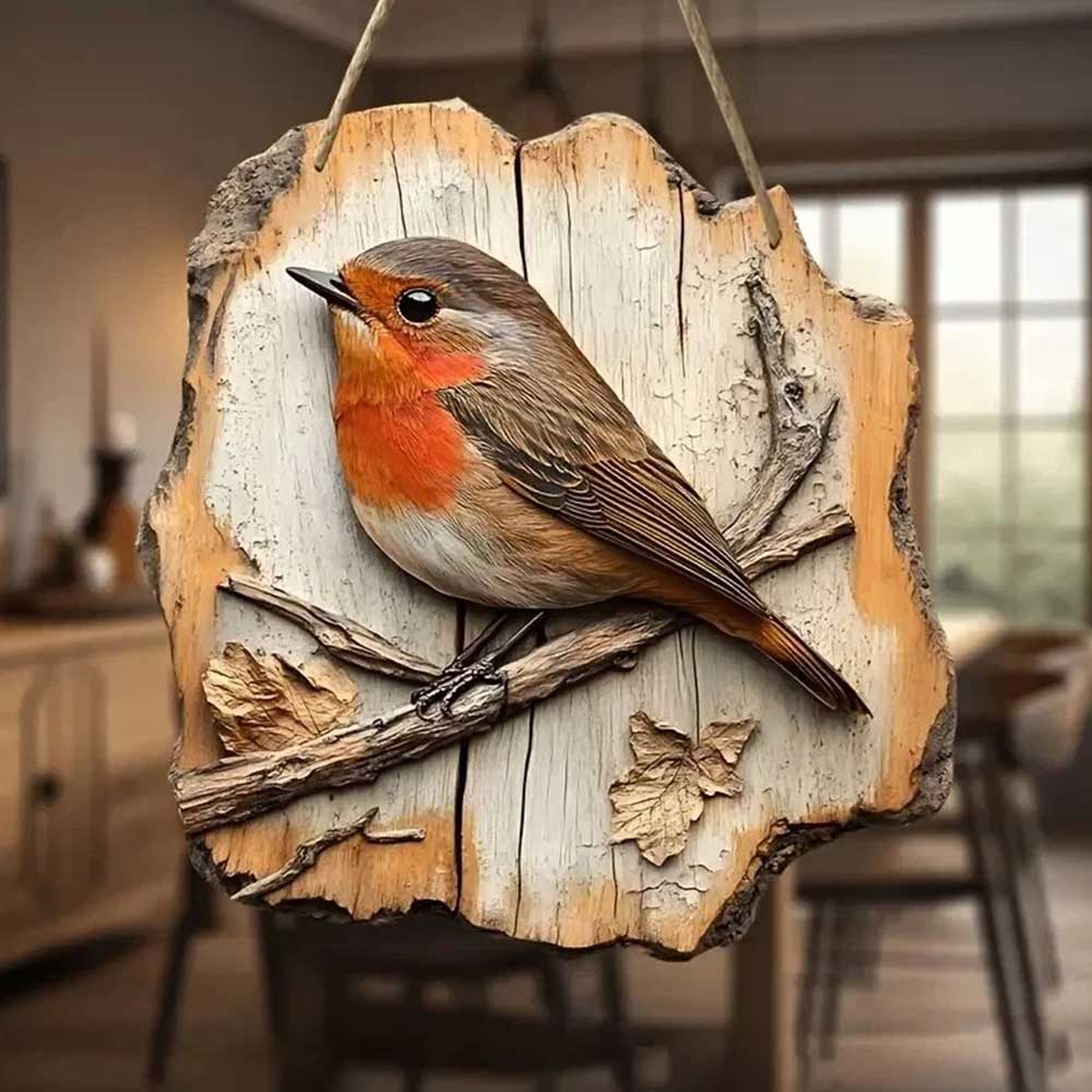 2D Wooden Robin Wall Plaque - 20x19cm Rustic Christmas Decor & Gift