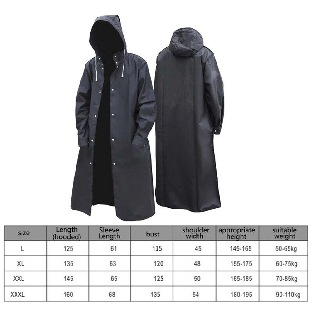 Mens Waterproof Long Raincoat Rain Coat Black Hooded Trench Jacket OutdoorHiking