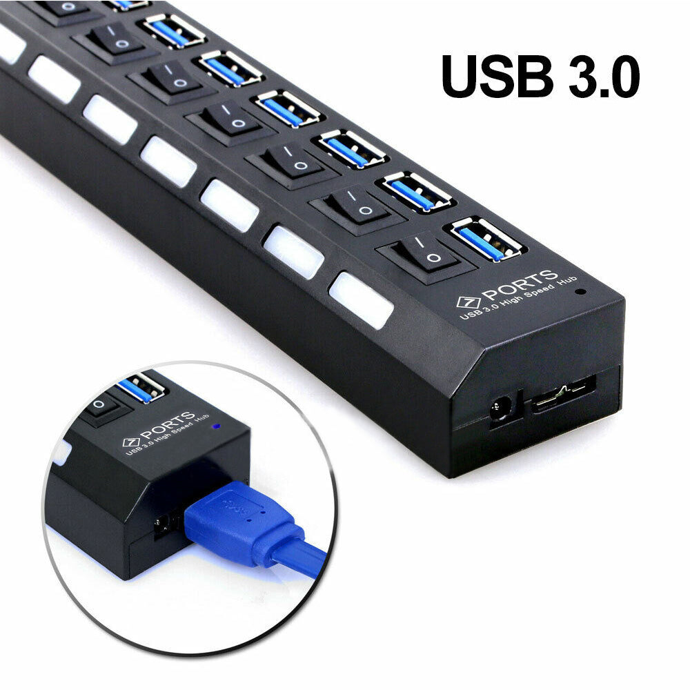 7 Port USB 3.0 HUB Powered +High Speed Splitter Extender PC AC Adapter Cable