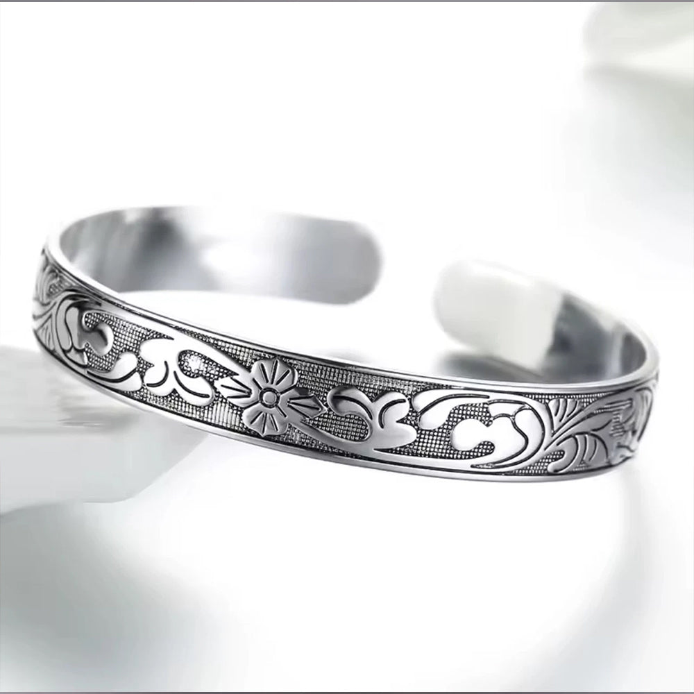 Women Men 925 Sterling Silver Jewelry Flower Charm Cuff Bangle Bracelet Gift