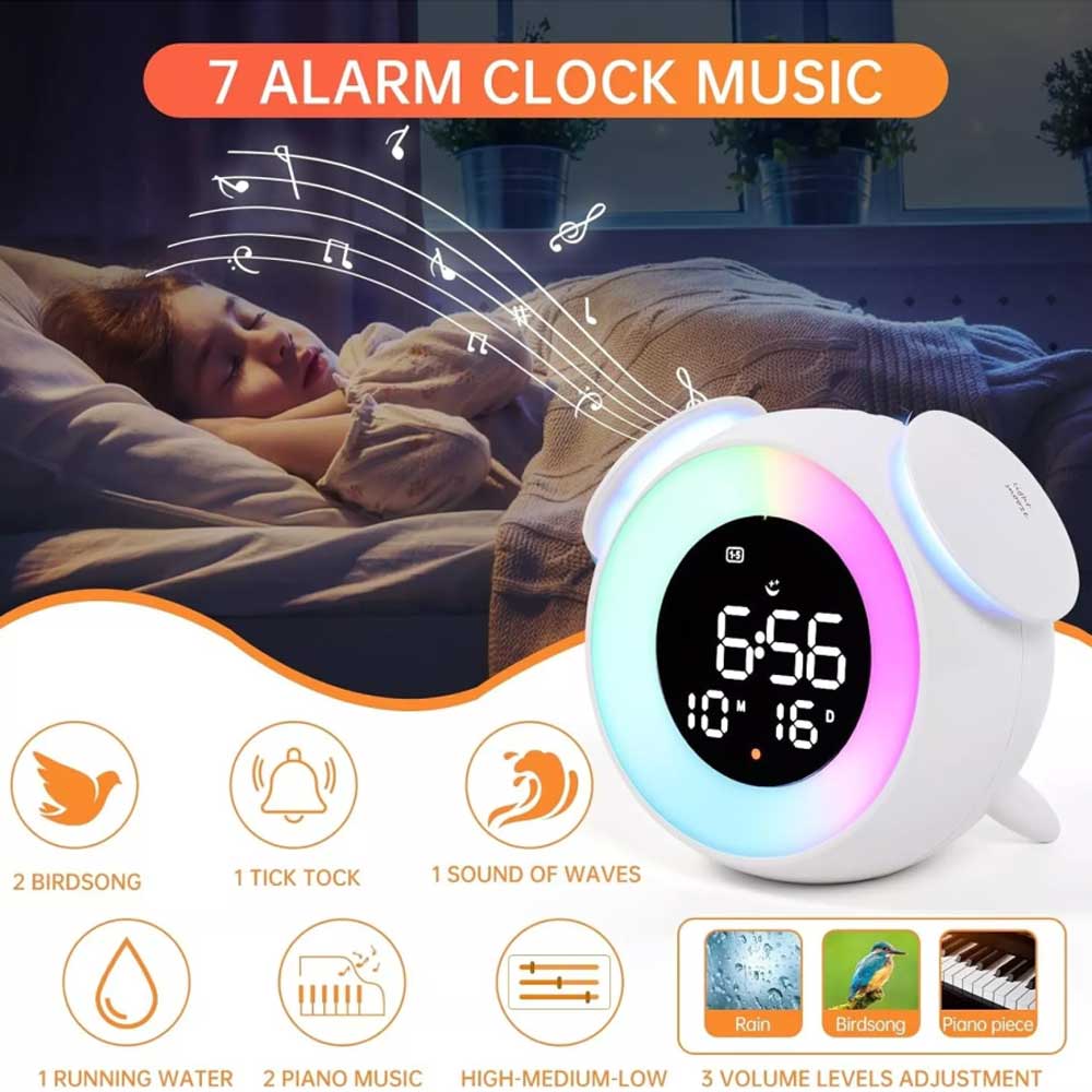 Alarm clock wake-up light with sunrise/sunset simulation, dual alarm clocks