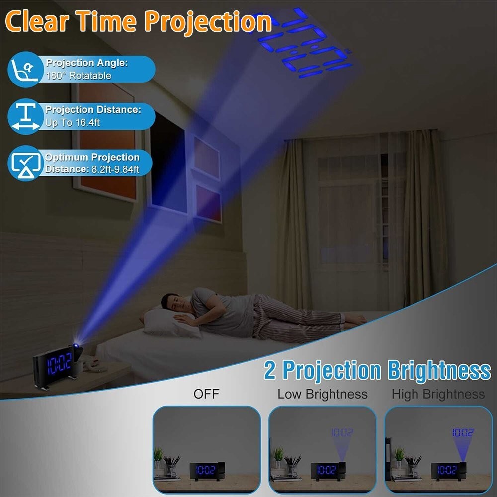 LED Digital Alarm Clock – Radio Projection Clock with Curved Screen & Dual Alarms
