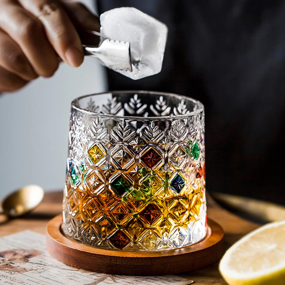 Crystal Whiskey Glass Set - Colored Snowflake Glass Holder Gift for Bourbon & Cocktail