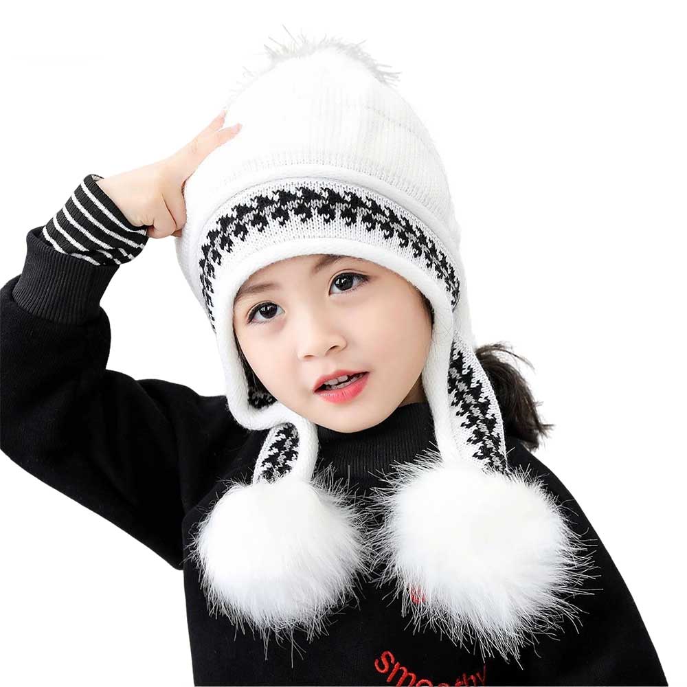 Knitted Beanie Hat with Ear Flaps & Pom Pom - Winter Ski Cap Warm White