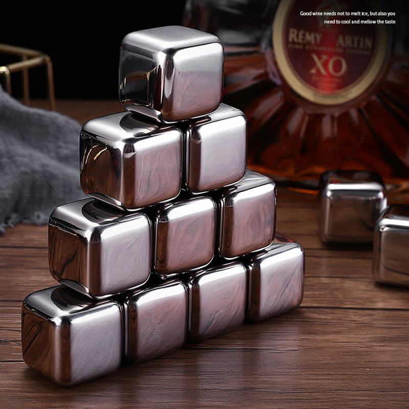 6Pcs Stainless Steel Whiskey Wine Stone Ice Cube With Tong Reusable Cooling Rock