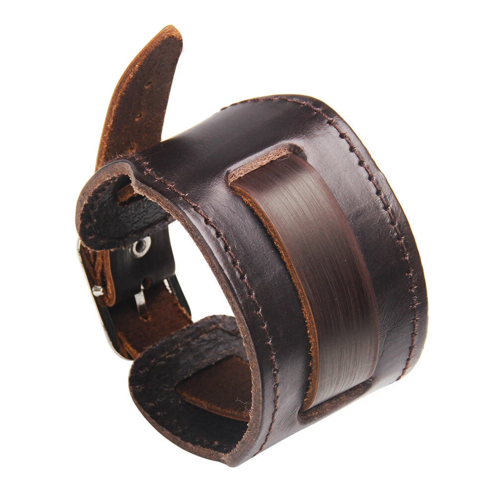 Retro Men'Wide PU Leather Watchband Biker Cuff Wristband Bracelet Gift