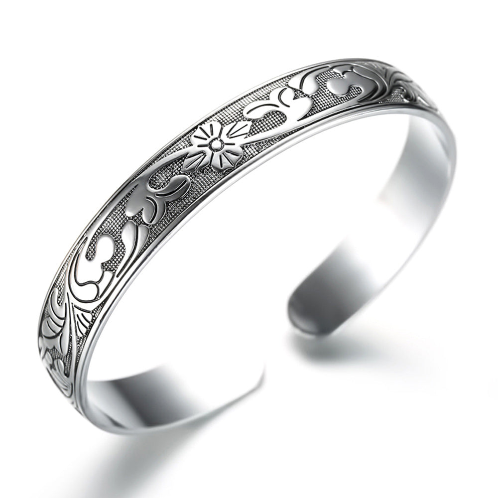 Women Men 925 Sterling Silver Jewelry Flower Charm Cuff Bangle Bracelet Gift