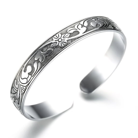 Women Men 925 Sterling Silver Jewelry Flower Charm Cuff Bangle Bracelet Gift