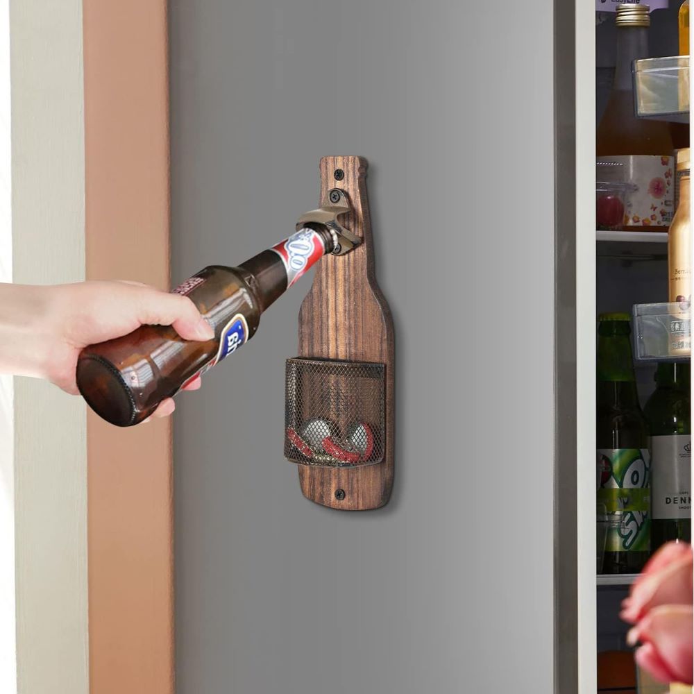 Wall-Mounted Beer Opener – Bottle Cap Catcher for Kitchen Bar, Wooden Design