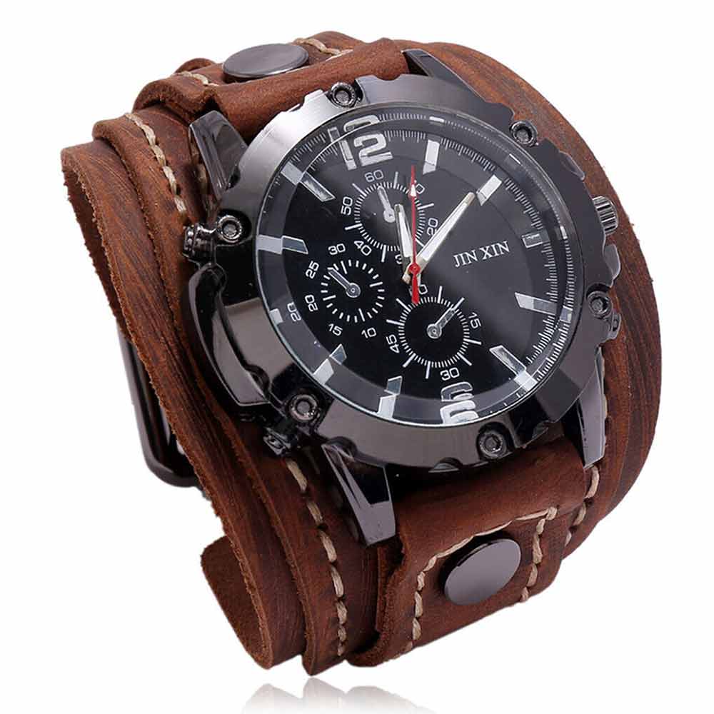 Men Punk Quartz Cuff Watch Wristwatch Military Retro PU-Leather Strap Watch