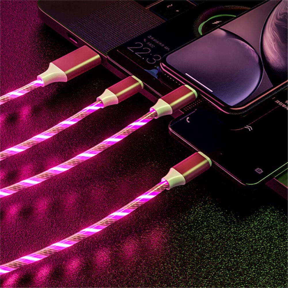 4PCS 1m LED Flowing Light Up 3 in 1 Charging Cable, Micro Type-C iPhone Cable