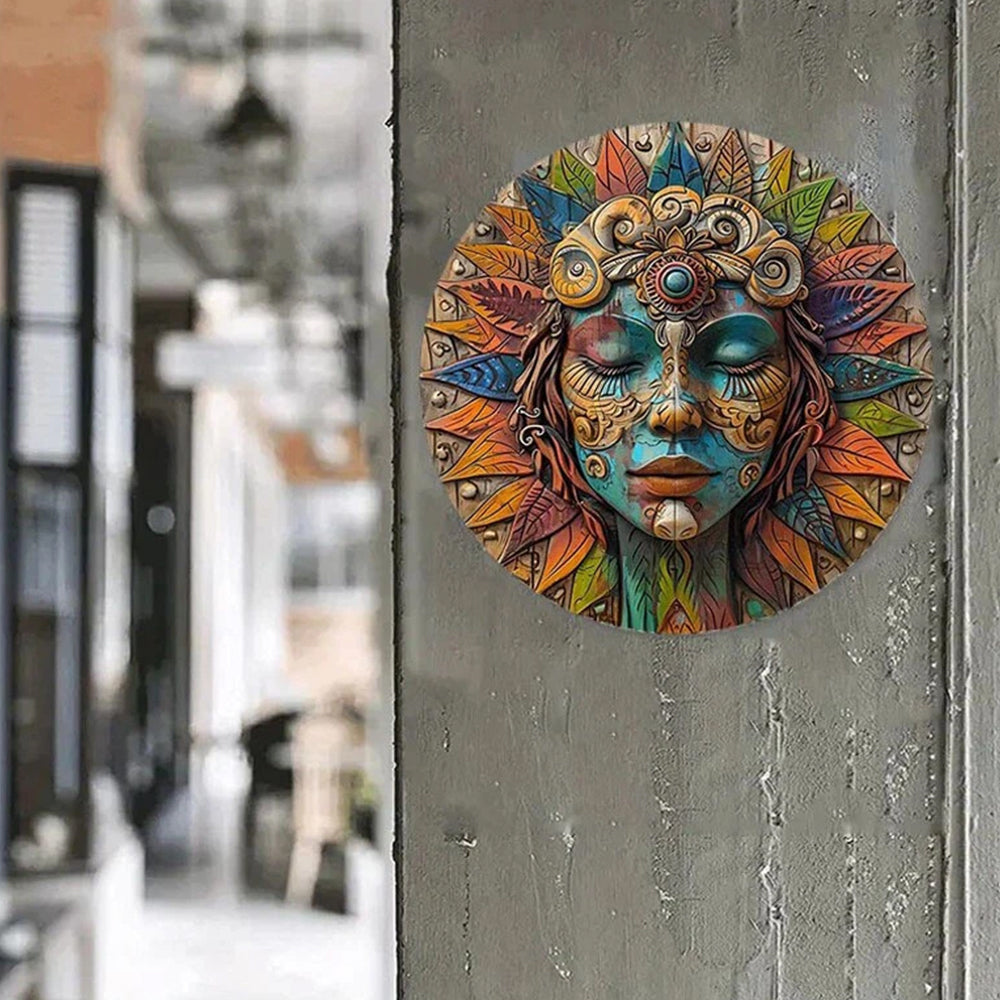 Circular Wooden Wall Art - Garden Decor, Boho Wall Hanging, Nature Goddess Design, 20cm