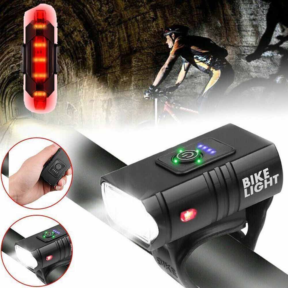 Rechargeable Bicycle Head Torch Front&Tail Kit Super Bright LED Mountain Bike Light