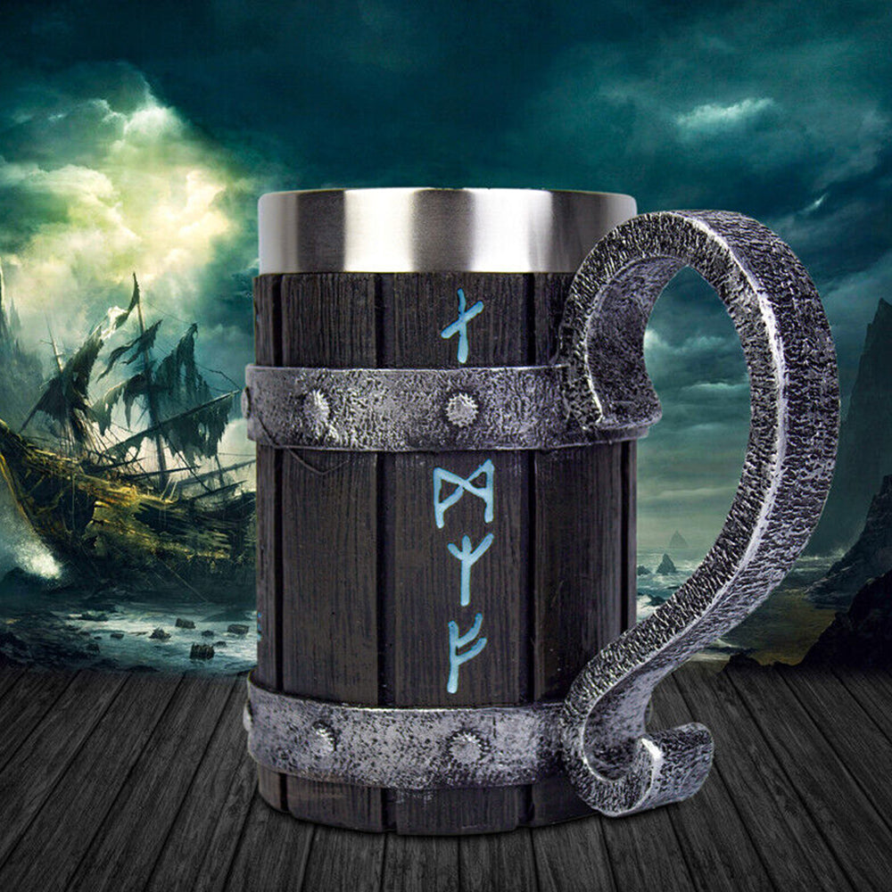 Viking Stainless Steel Tankard Odin Thor Mjolnir Drink Mug Beer Stein Coffee Cup
