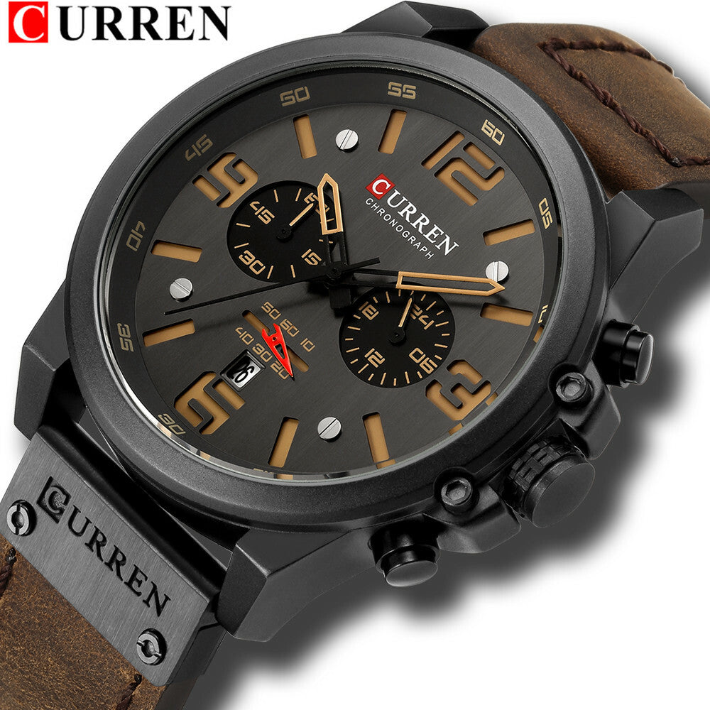 Men's Business Quartz Watch – Leather Chronograph Calendar 47mm Multifunction