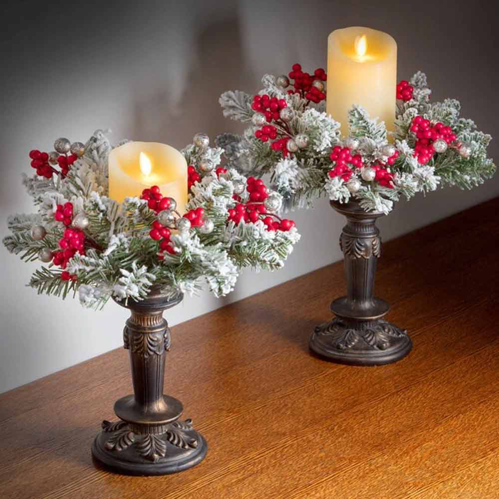Christmas Berry Candle Ring – Snowy Wreath Table Centrepiece for Holiday Decor