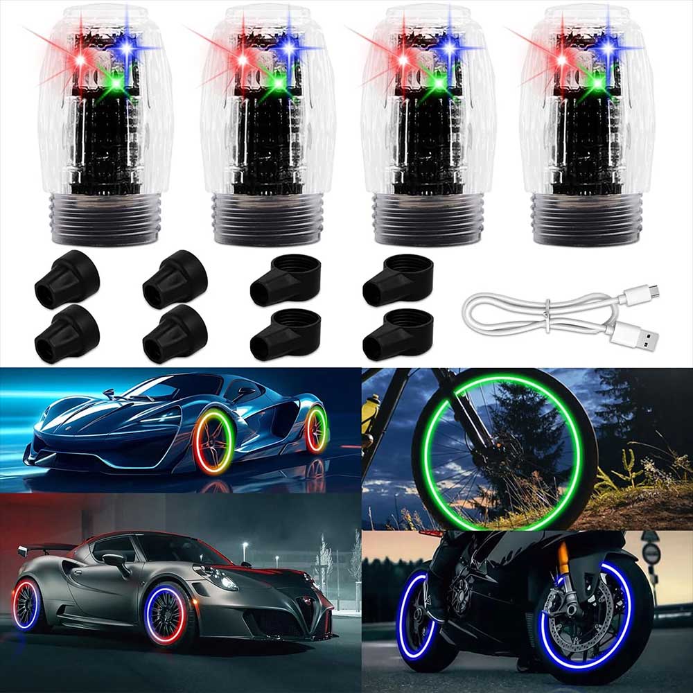 4-Pack LED Tire Valve Stem Cap Lights - Vibration-Activated Strobe Flash for Car, Truck, Motorcycle Wheels