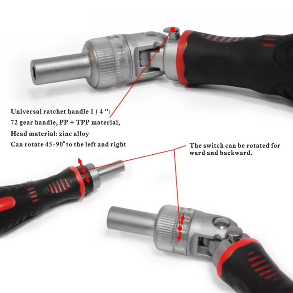 61-Piece Ratchet Screwdriver Set - 1/4" Hex Torx & Socket Kit with Right-Angle Handle