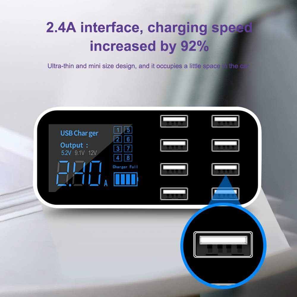 8Port Multi USB Type-C HUB Adapter Car Charger Dock Charging Station LED Display