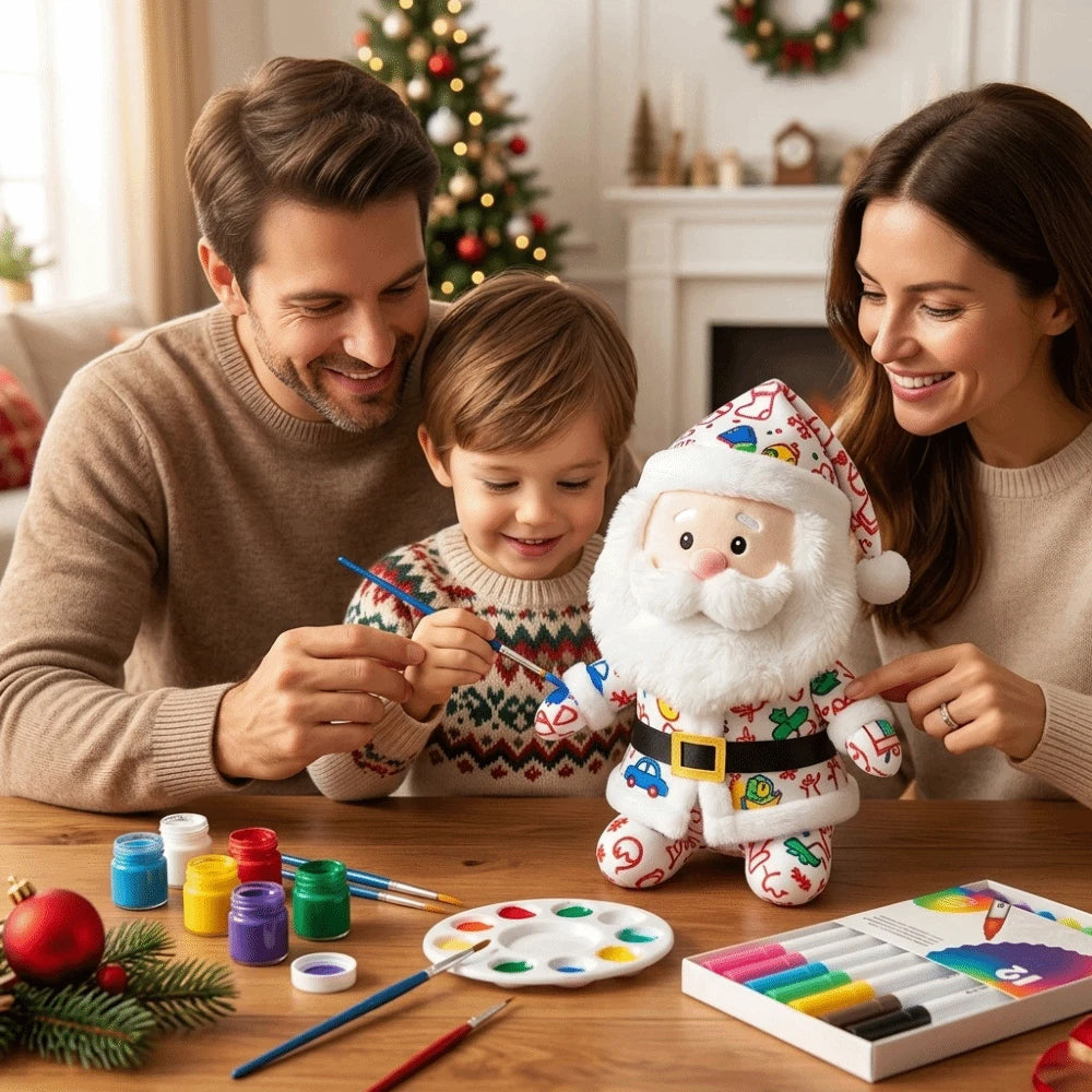 DIY Paintable Santa Plush Toy – Christmas Craft Kit with 12 Coloured Pens