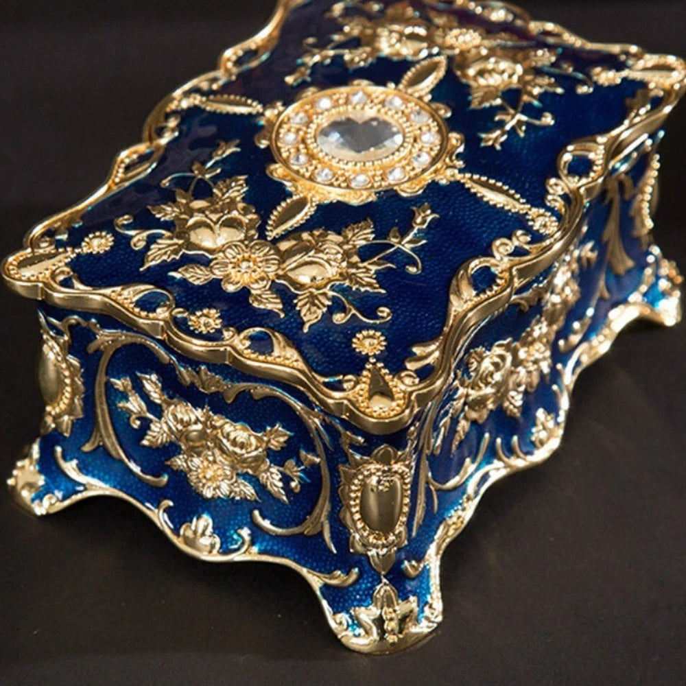 Jewellery Storage Box – Retro Alloy Organiser, Ring Necklace Case Blue