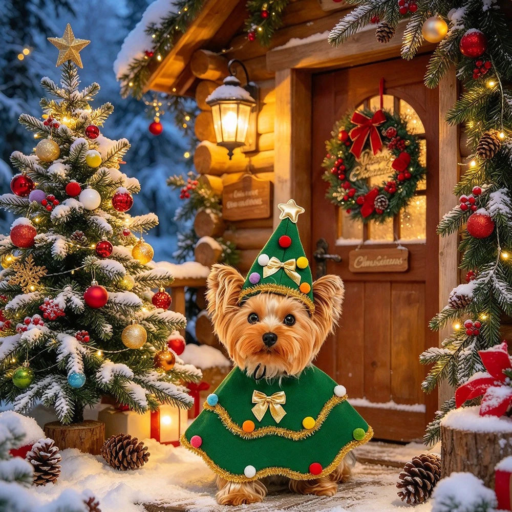 Christmas Tree Pet Cape – Festive Dog & Cat Costume with Pom-Pom Hat