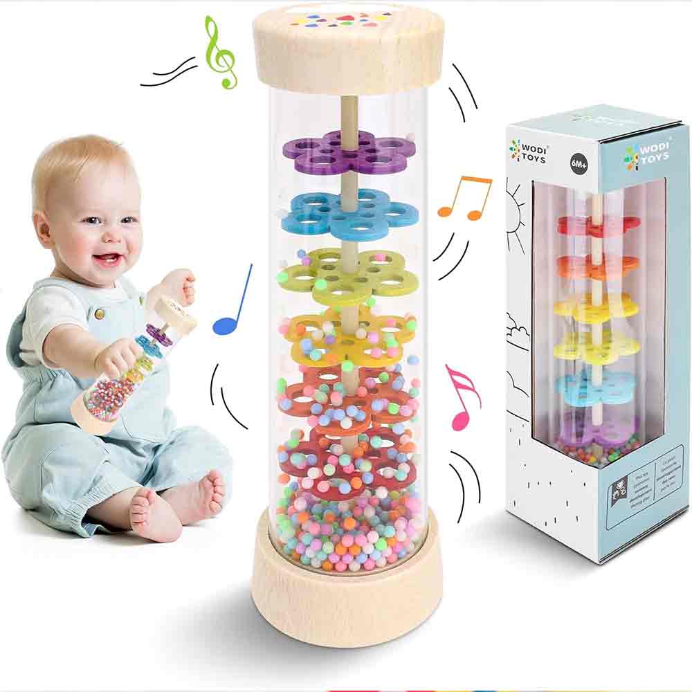 Wooden Rain Stick Rattle Toy – Montessori Musical Sensory Toy for Ages 6-12 Months