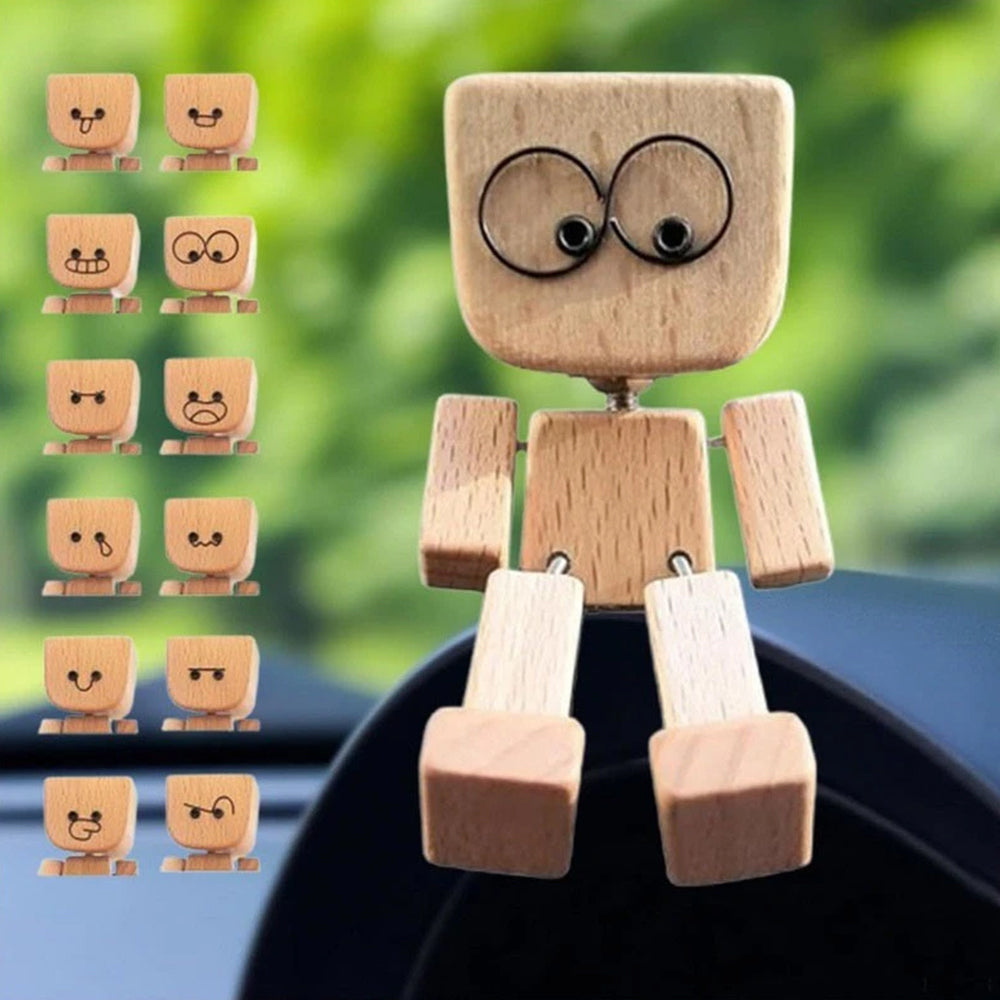 Magnetic Expression Shaking Wooden Man - 12 Fun Face Car Dashboard Decor