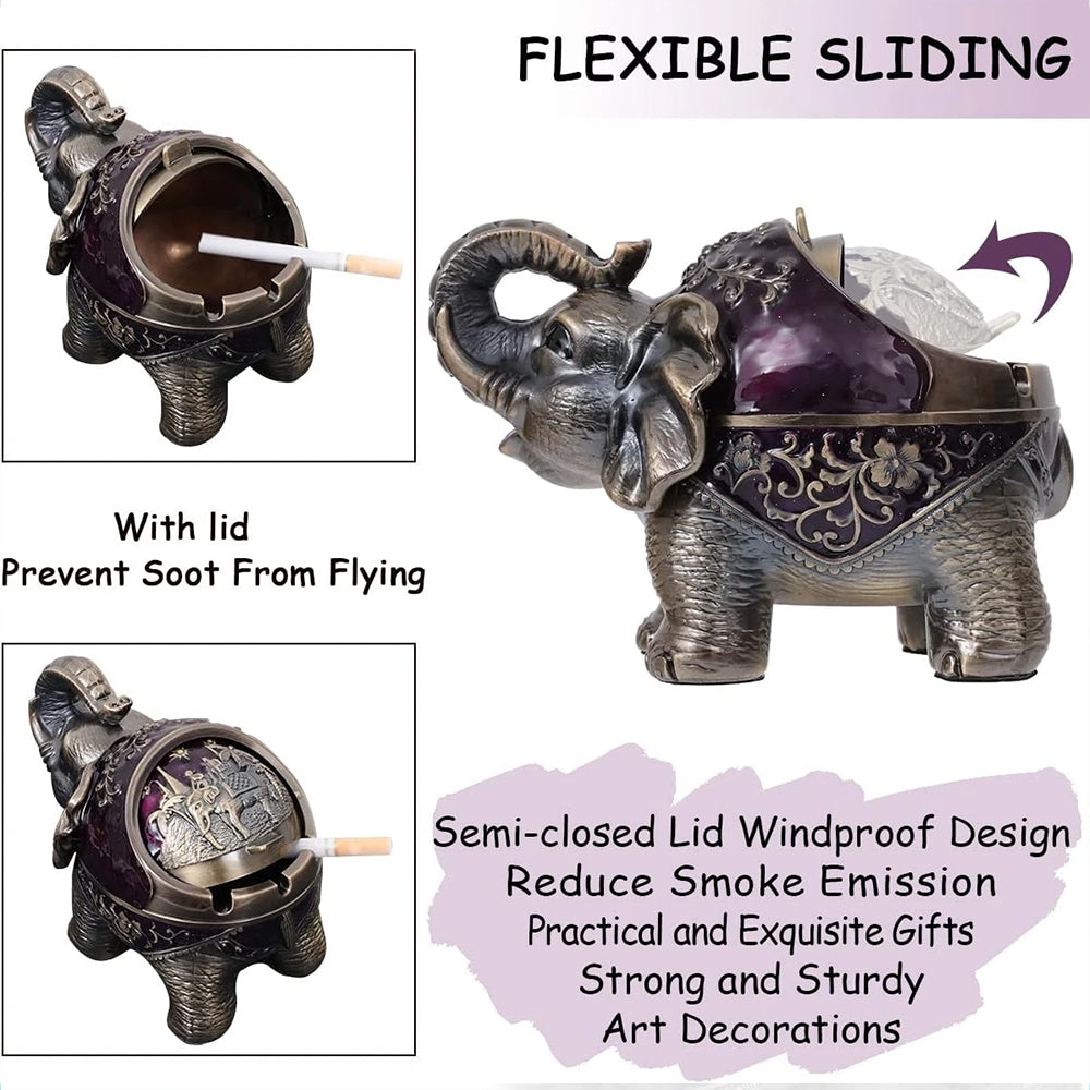 Elephant Ashtray with Lid - Windproof Metal Ashtray for Outdoor & Indoor Use, Decorative Patio & Home Accessory