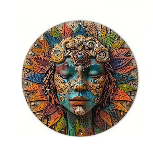 Circular Wooden Wall Art - Garden Decor, Boho Wall Hanging, Nature Goddess Design, 20cm