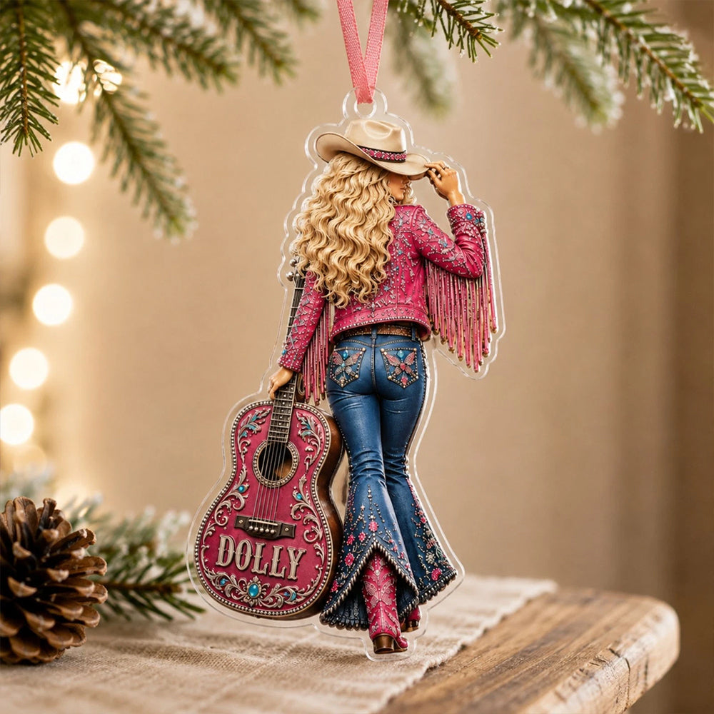 2D Dolly Parton Ornament – Acrylic Pink Fringe Guitar Christmas Decoration