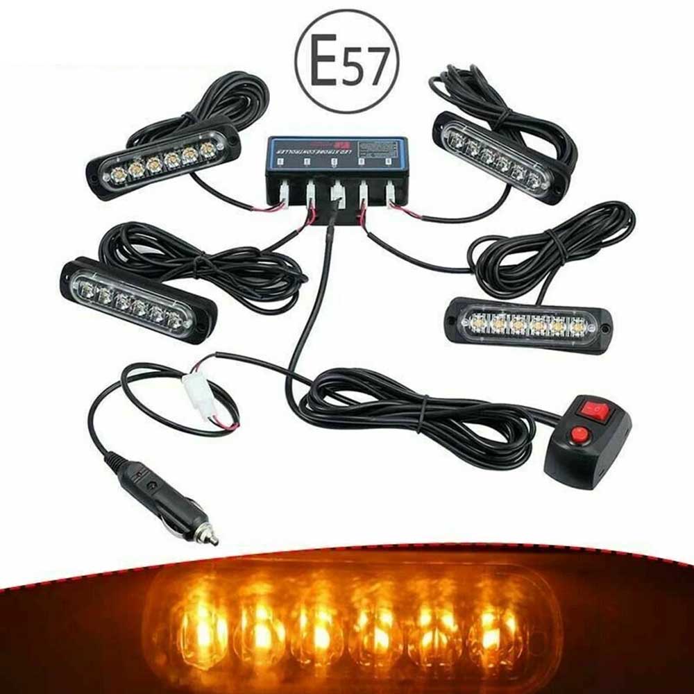 4x 6 LED Amber Strobe Light Bar - 12V Recovery Marker Beacon with 8 Flash Modes