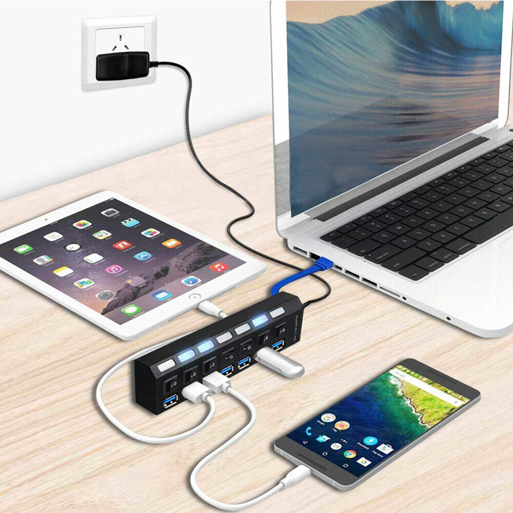 7 Port USB 3.0 HUB Powered +High Speed Splitter Extender PC AC Adapter Cable