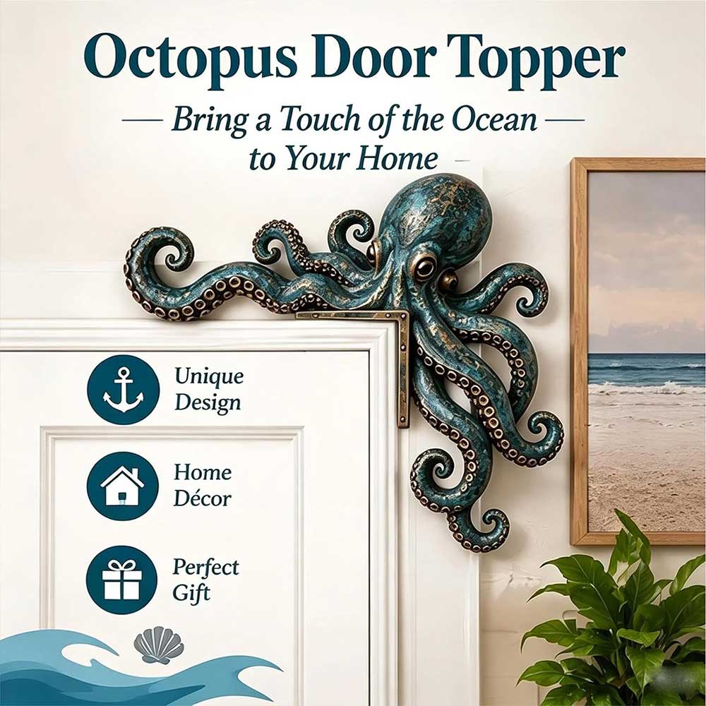 1Pair Octopus Door Frame Decor – Wooden Nautical Door Corner Statue, 20cm