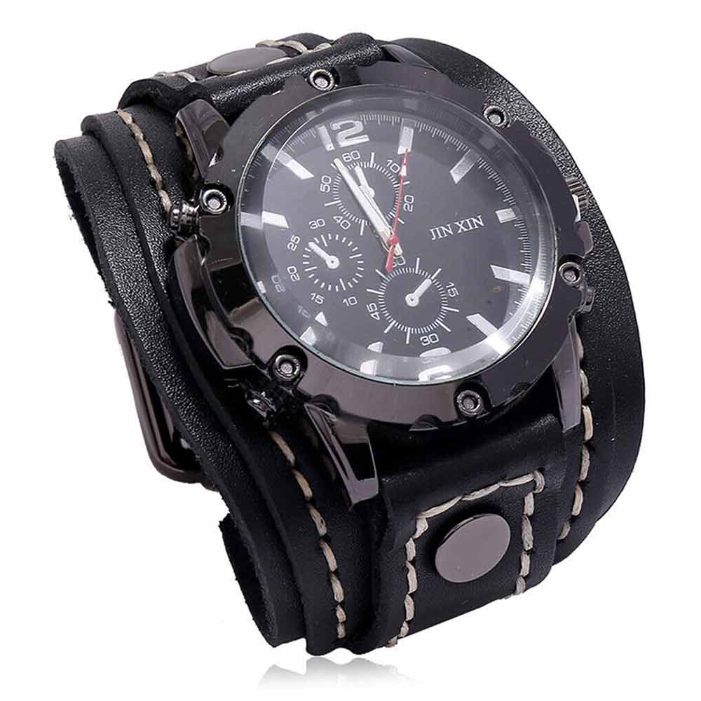 Men Punk Quartz Cuff Watch Wristwatch Military Retro PU-Leather Strap Watch