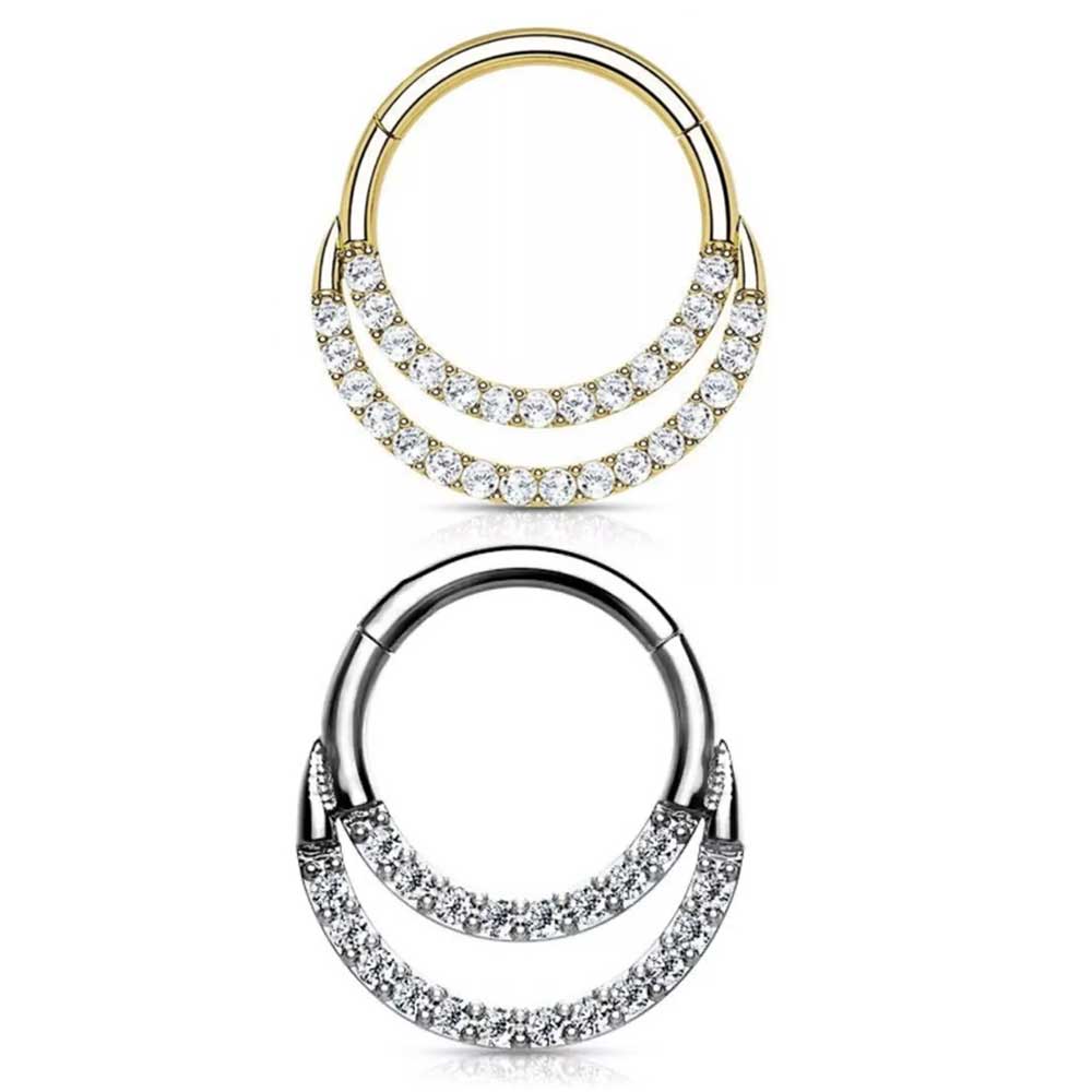 Surgical Steel 16g Double Layered Hinged Ring CZ Clicker Nose Septum Piercing