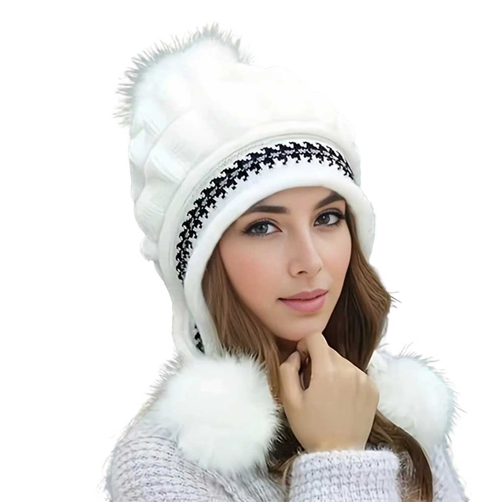 Knitted Beanie Hat with Ear Flaps & Pom Pom - Winter Ski Cap Warm White