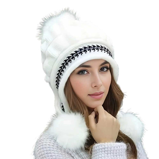 Knitted Beanie Hat with Ear Flaps & Pom Pom - Winter Ski Cap Warm White