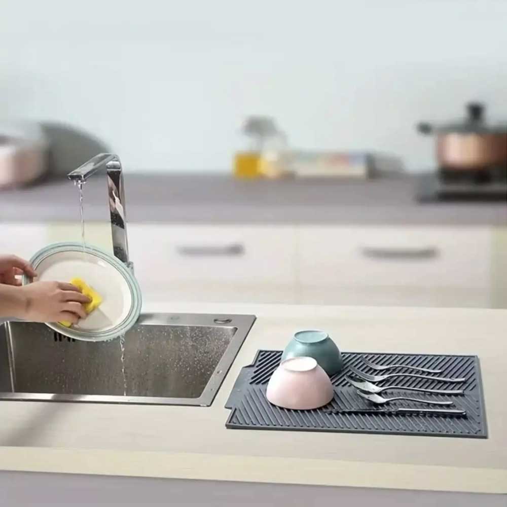 Silicone Dish Draining Mat Kitchen Washing Drainer Tray Drying Pad Grey